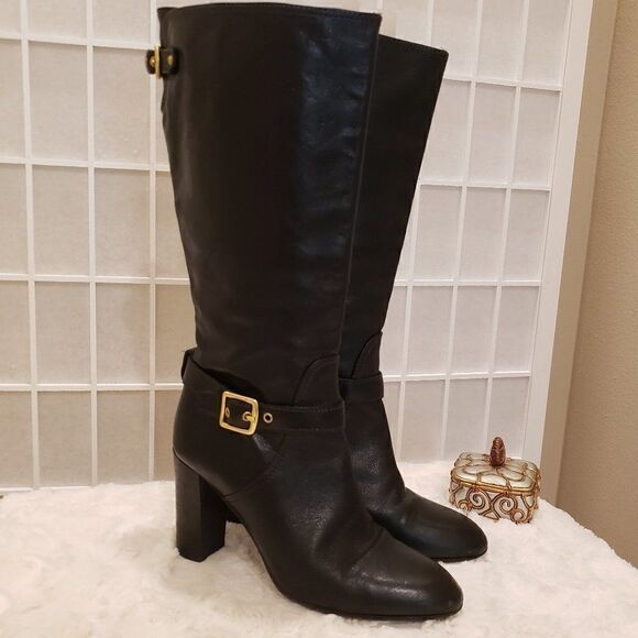 Coach Black Leather Boots with Gold Side and Back Buckle Size 8.5" - Picture 1 of 8